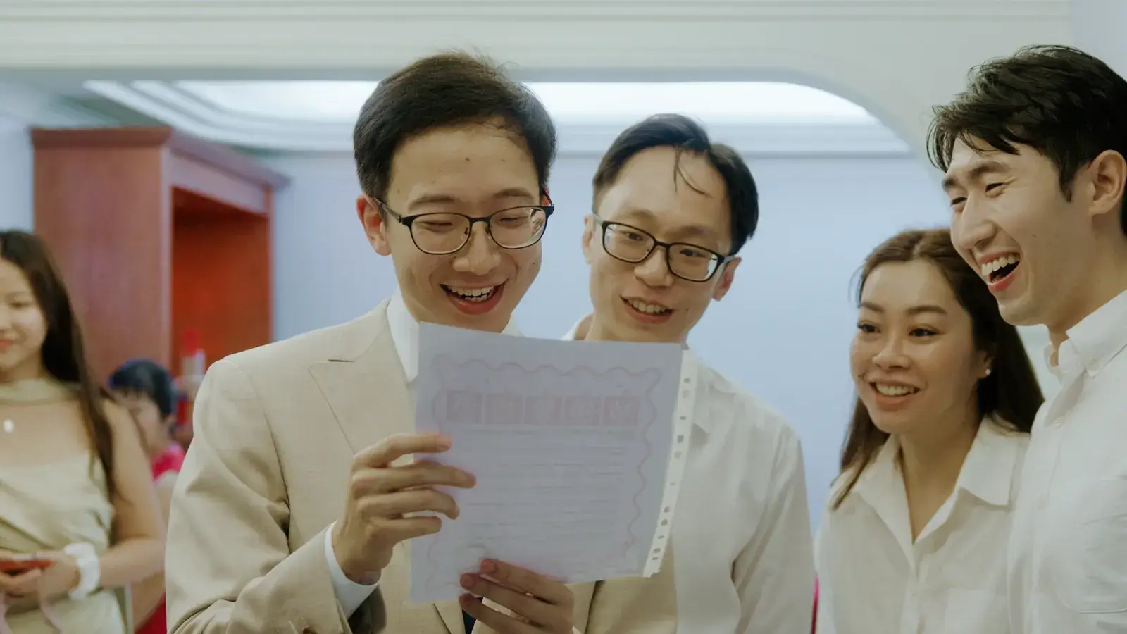 Daron and his groomsmen during the wedding gatecrash at home